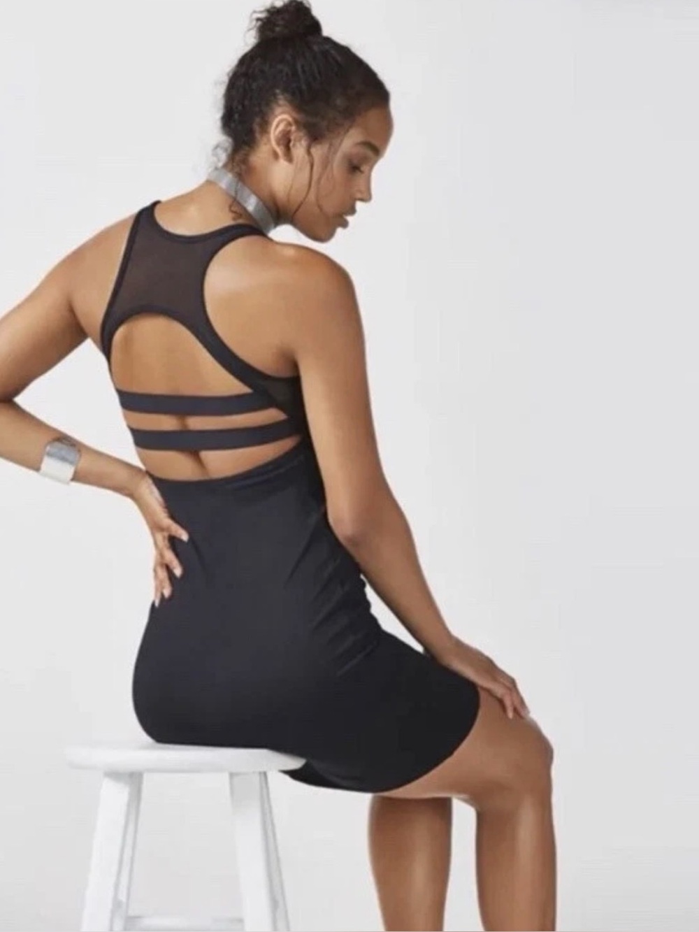 Fabletics Tropez Dress Black Mesh Cut-Out Strappy Back Women’s Size Large NWT - Picture 2 of 13